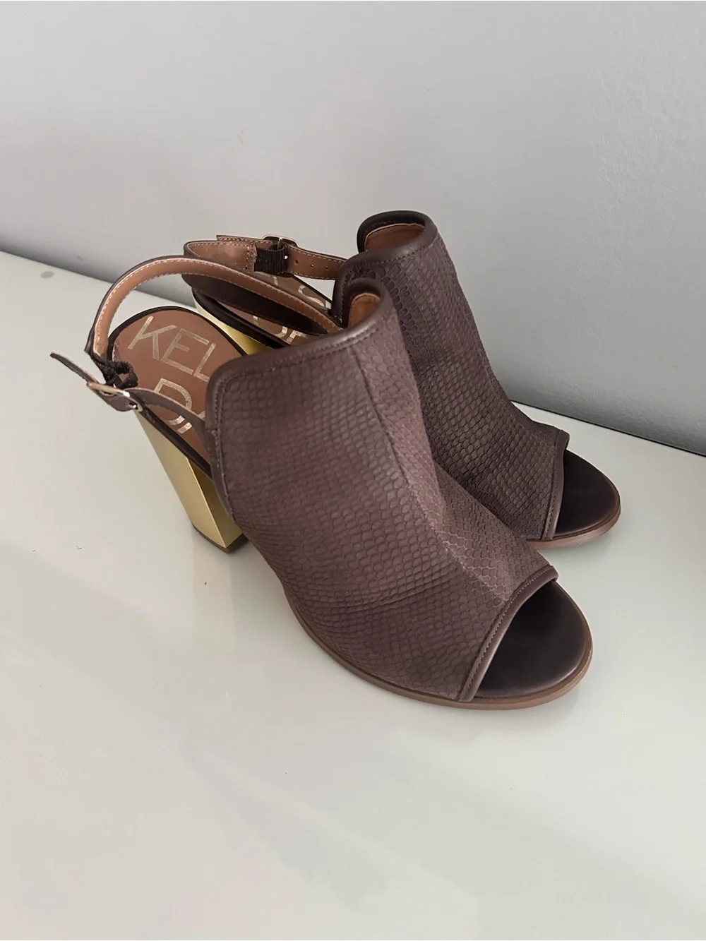 Kelsi Dagger Brown Slingback Heels with Gold Block Heel